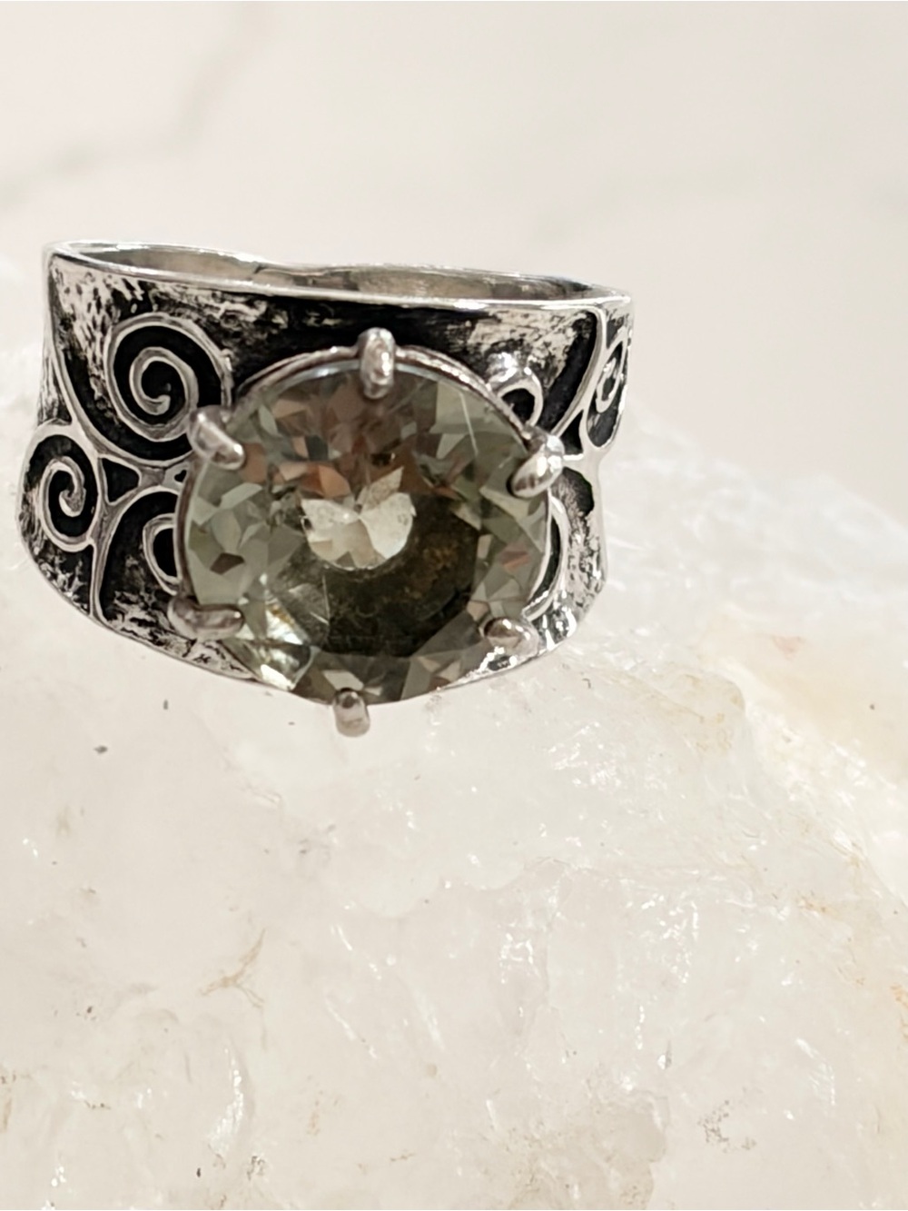 Sterling Silver Green Gemstone Statement Ring faceted Citrine size 7.5